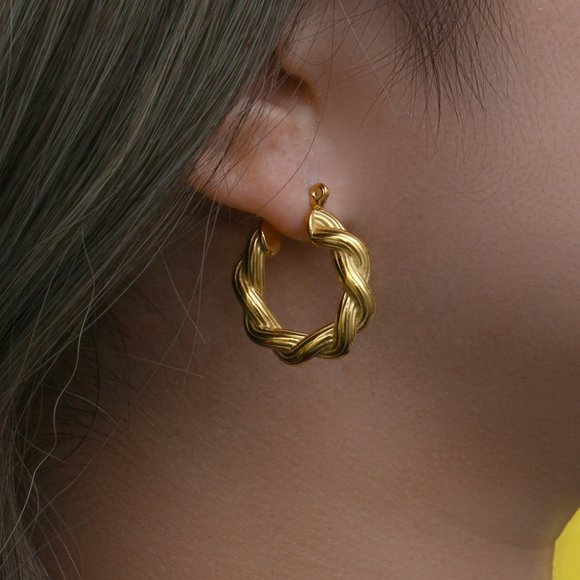 Chunky Twisted Striped Texture Hoop Earrings 18K Gold Plating Stainless Steel - Picture 3 of 9